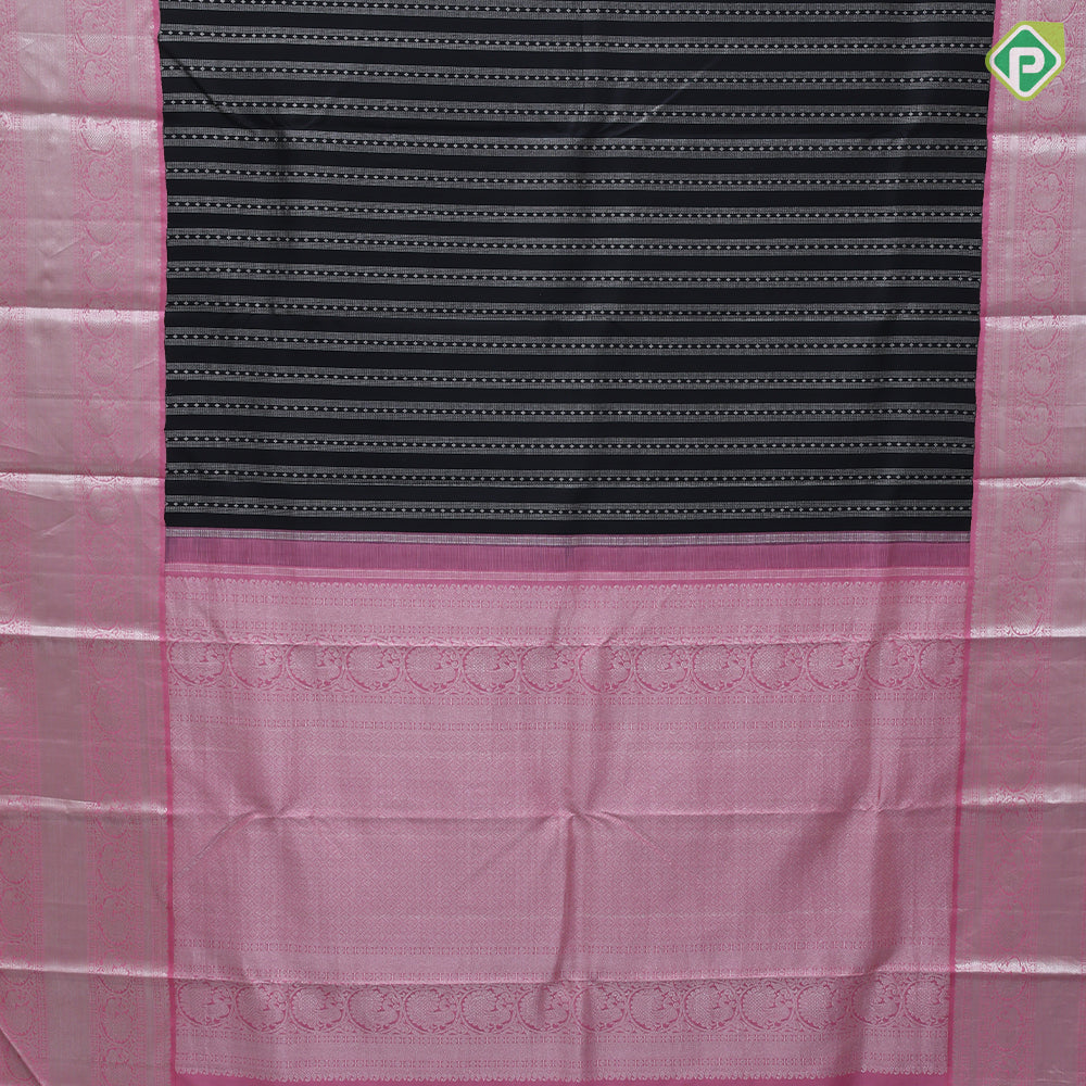 Black Colour Silver Zari Straight Lines Diamond Design Baby Pink Colour Peacock Bavanji Border Design Luxury Black Silk Saree