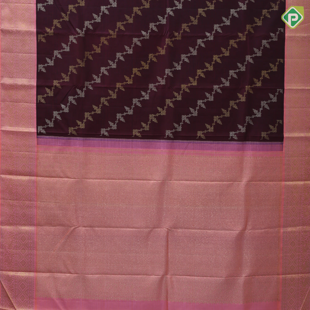 Brown Colour Gold Silver Zari Floral Design Baby Pink Peacock Border Design Trending Fancy Silk Saree