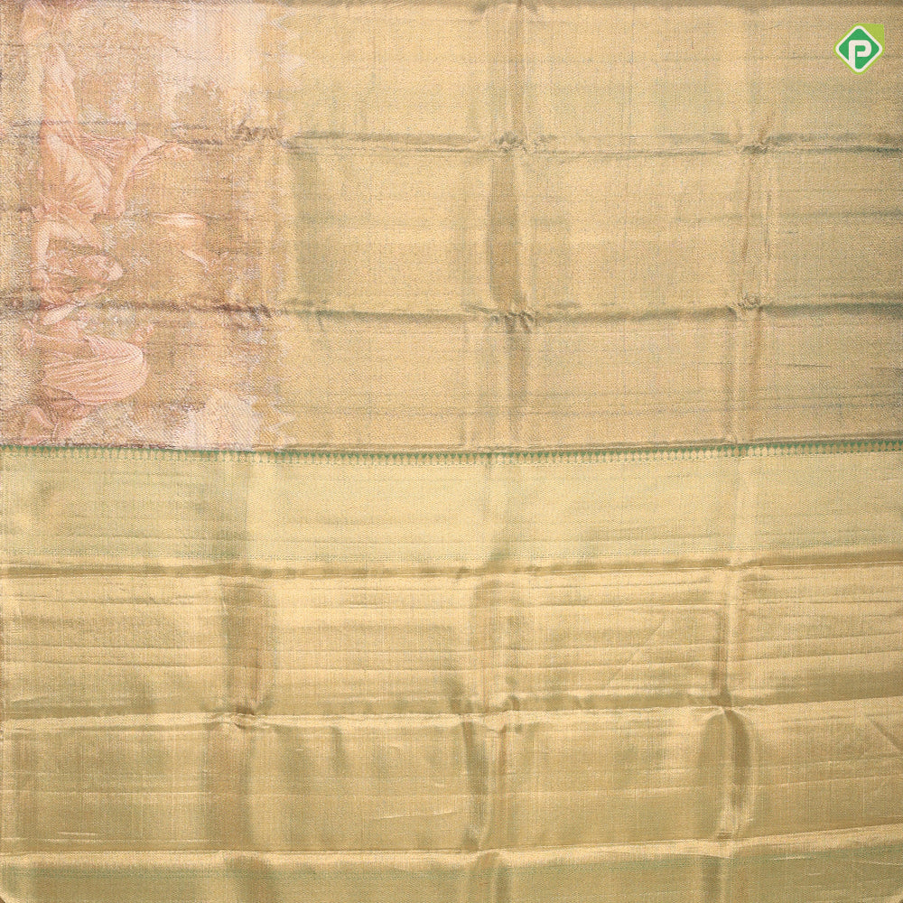 Goldish Green gold zari Raja Ravi varma's Shakundala Poetic movement in full tissue signature silk saree