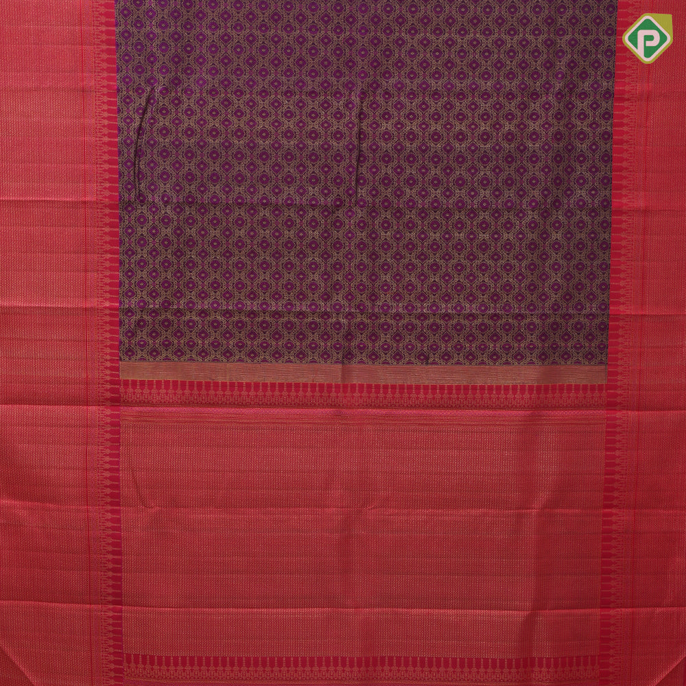 Royal purple and rani pink gold zari incorporated butta rose red gold zari parry's tower border bridal silk saree