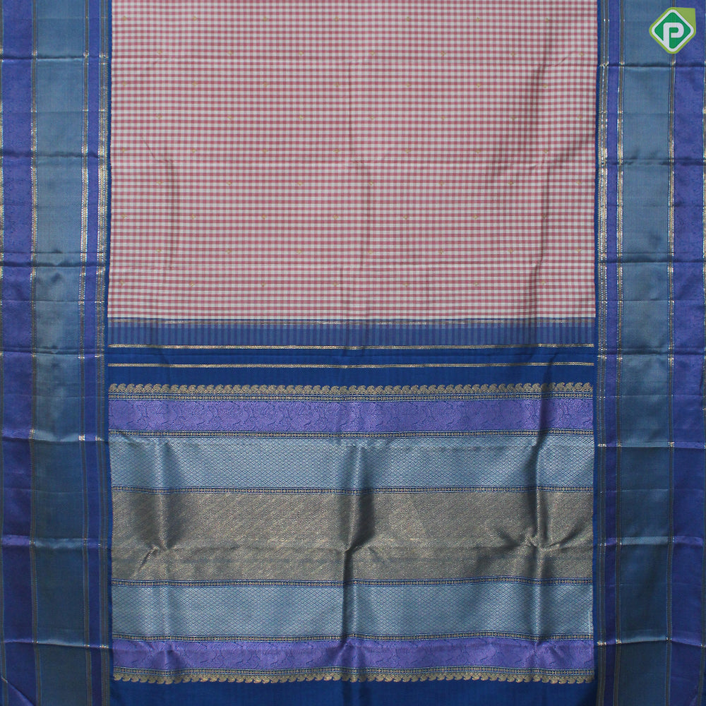 Magenta Red Whit small Checks Gold Zari with Royal Blue Silver And Gold Zari Border Traditional Silk Saree