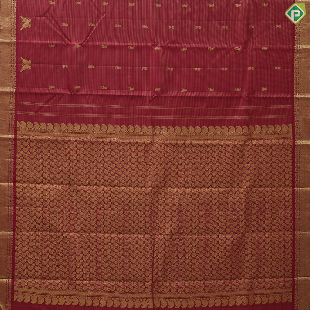 Beetroot gold zari vairaoosi fancy mango double parrot butta self gold zari green edge border traditional silk saree