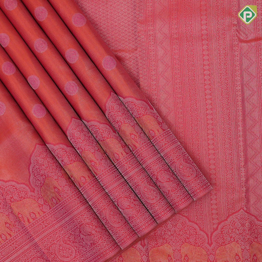 Pinkish orange silver zari and thread rudraksham butta self silver gold zari double elephant arch turning border vintage silk saree