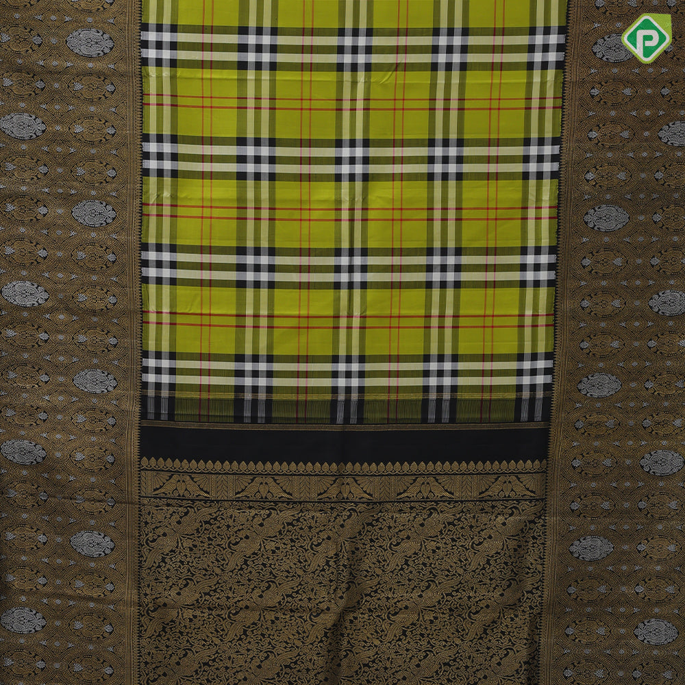 Apple green base multi color mardas checks design black color silver gold zari banaras style border traditional silk saree