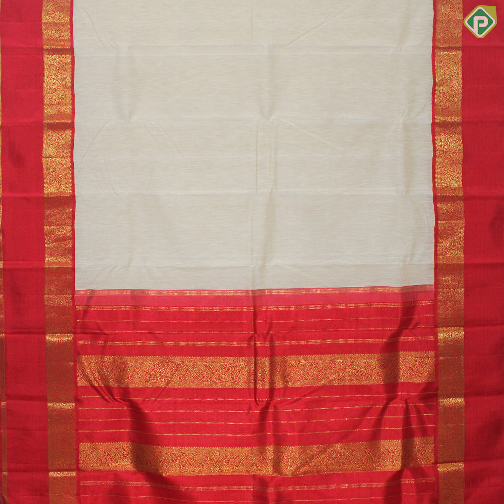 Cream White Gold Zari With Red Flower Design Border Organza Traditional Silk Saree