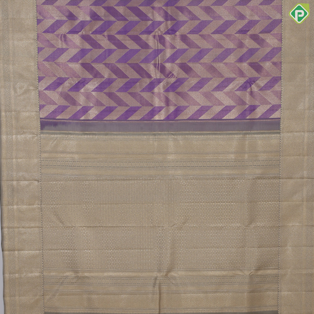 Dark lavender silver gold zari arrow line design beige silver gold zari spin weave design Trendy silk saree