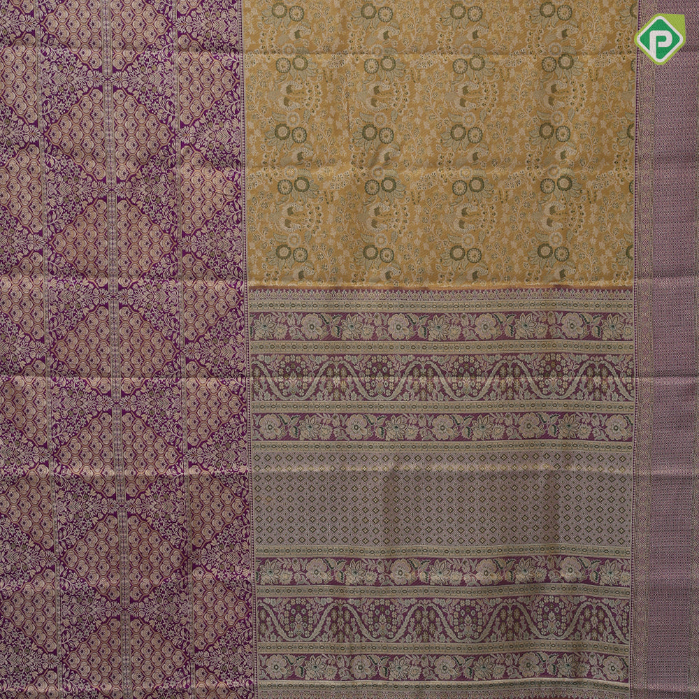 Lemon green silver gold zari silk thread meena work Purple gold zari meena work border grand tissue silk saree