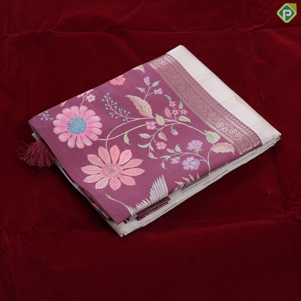 cream with gold zari round butta design grape grey with multi color floral design border semi tusser saree