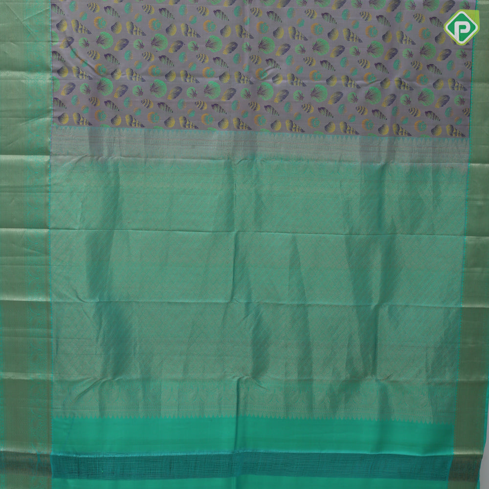 Lavender base multi color sea shells design rexona green gold zari mango butta border trendy designer silk saree