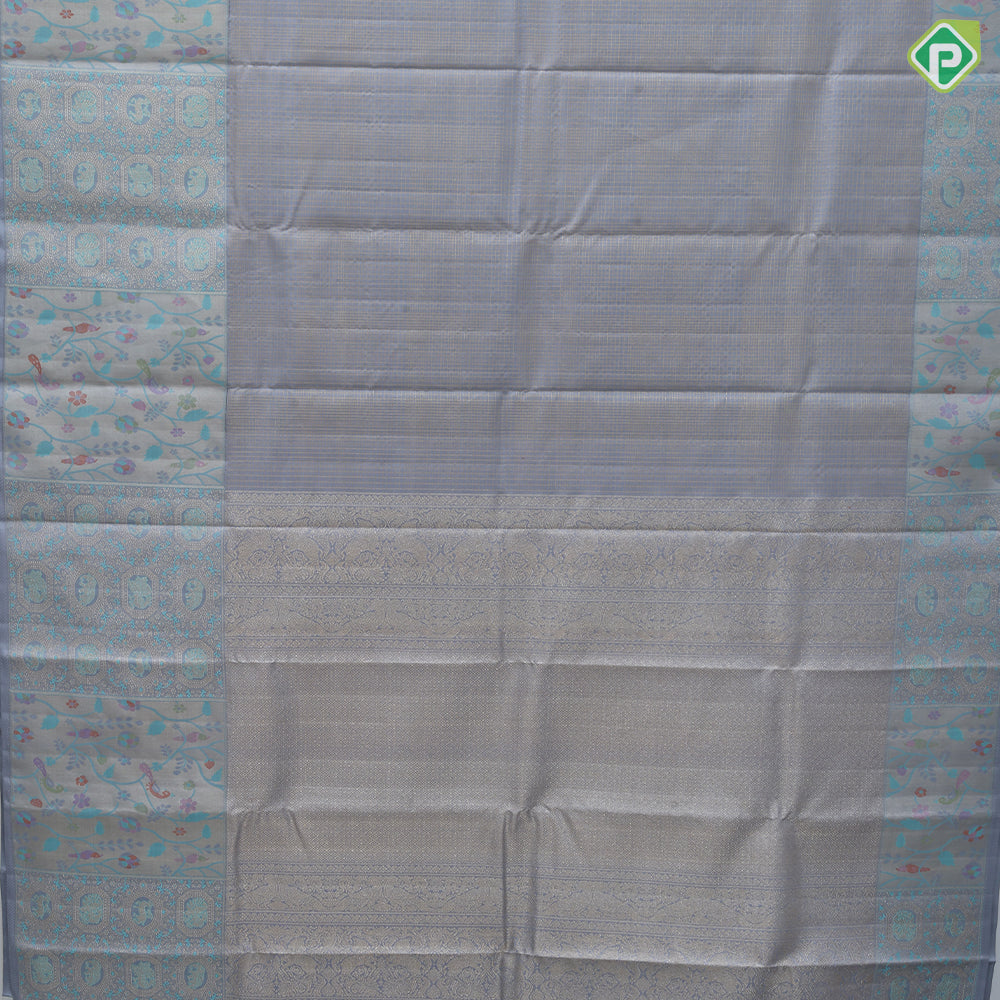 Blueish grey gold zari vairaoosi checks design self silver gold zari banaras style border fusion silk saree