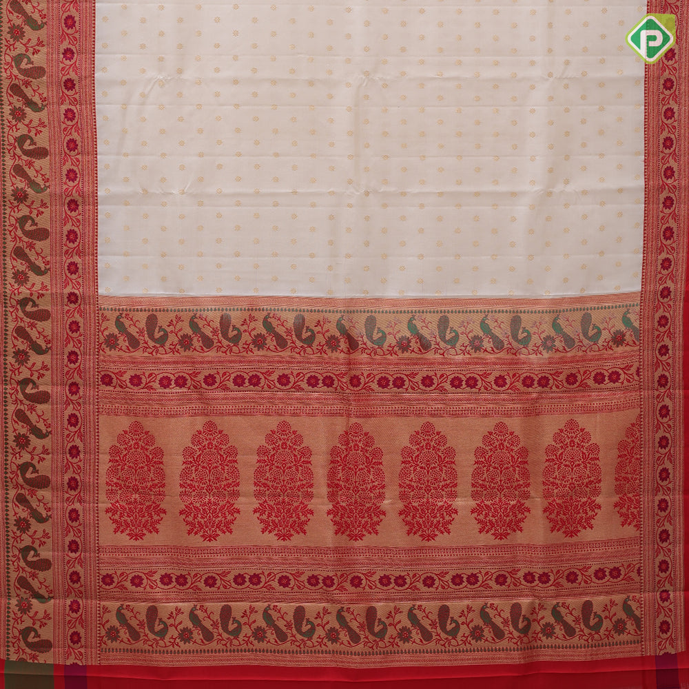 cream white gold zari flower butta design red meena work border traditional gift silk saree