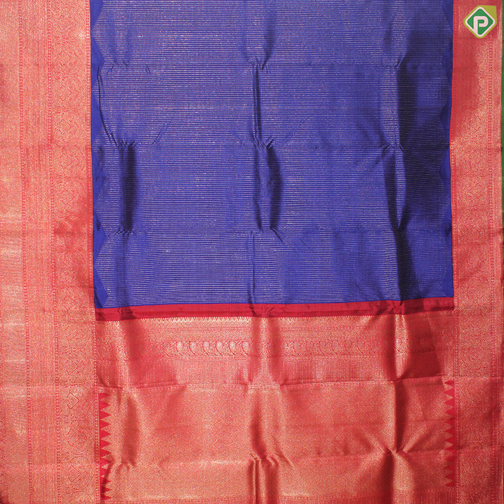 Ink Blue Silver Copper Zari Velthari Stripes Contrast Brick Red Gold Zari High Border Traditional Silk Saree
