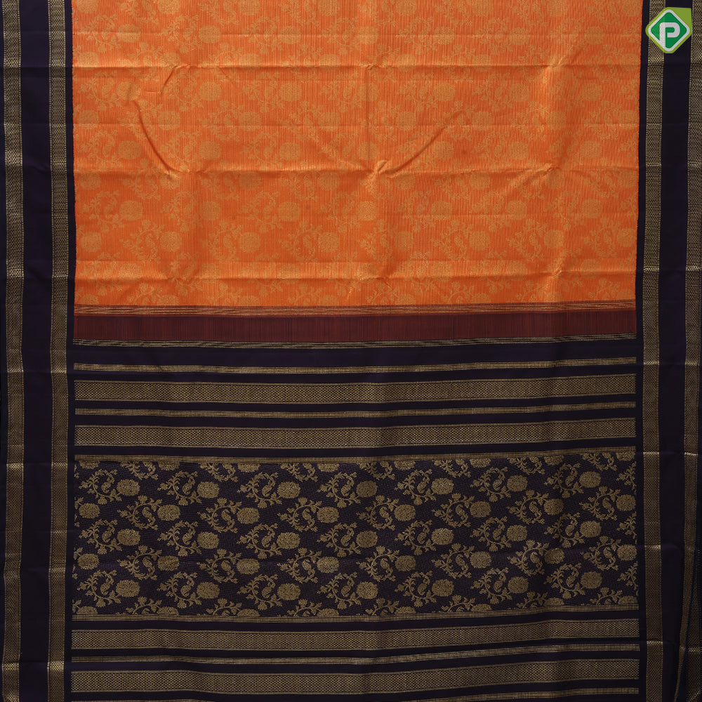 Dark orange gold zari grand flower design grape brown gold zari double line border exclusive bridal silk saree