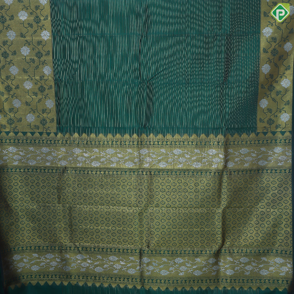 Bottle Green With Silver Zari Fancy Ikkat Design Butta Border Trendy Designer Silk Saree