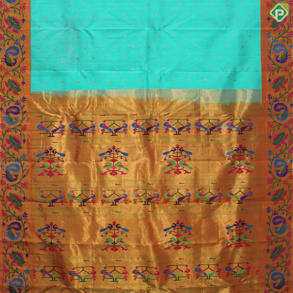 Rexona Green Thousand Butta Contrast Orange Meena Work Border Gadwal Silk Saree
