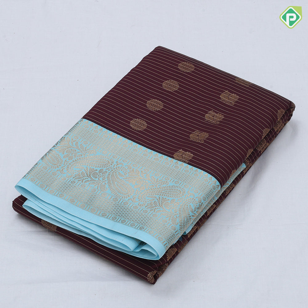 Chocolate brown gold zari peacock chakkaram butta stripes sky blue gold zari mango butta border art silk saree