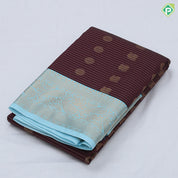Chocolate brown gold zari peacock chakkaram butta stripes sky blue gold zari mango butta border art silk saree