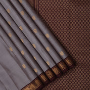 Glacier Gray Gold Zari Peacock Butta Design Dark Brown Colour Mango Design Pure Mix Silk Saree