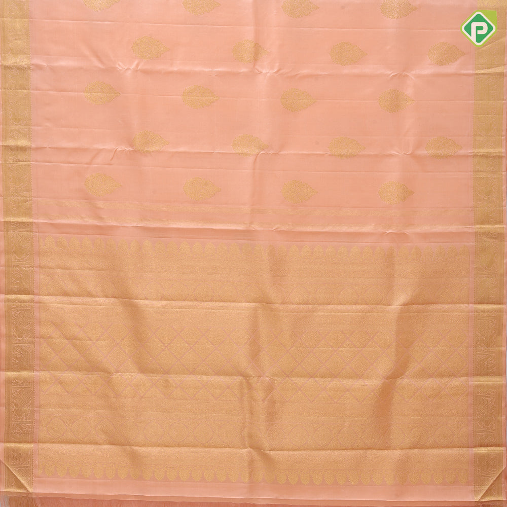 peach gold zari self designer thilagam butta self color gold zari elephant annam butta edge border traditional silk saree