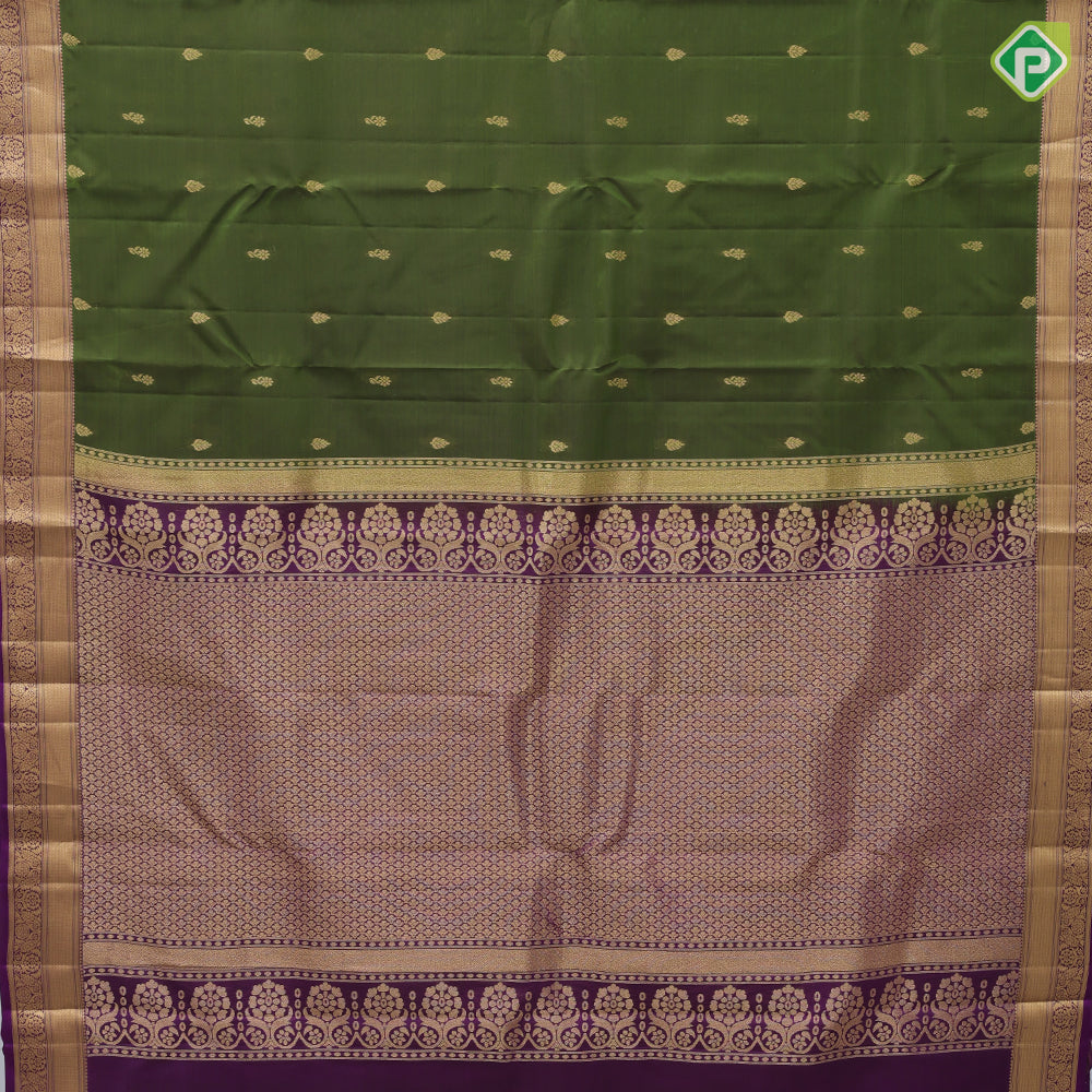 Leaf Green Gold Zari Thilagam Flower Butta Design Purple Floral Weave Border Design Pure Mix Silk Saree