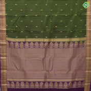 Leaf Green Gold Zari Thilagam Flower Butta Design Purple Floral Weave Border Design Pure Mix Silk Saree