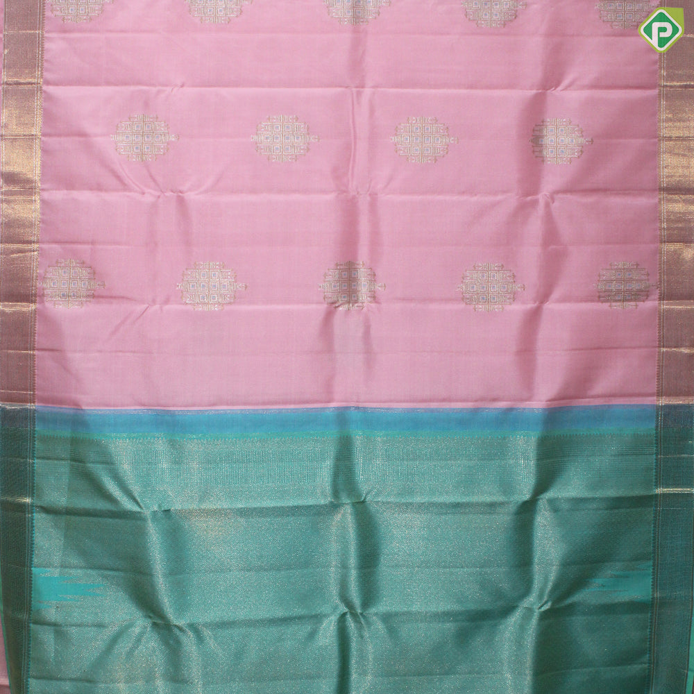 Peach Pink Gold Zari Motif With Mayilkan Design Gold And Silver Traditional Silk Saree