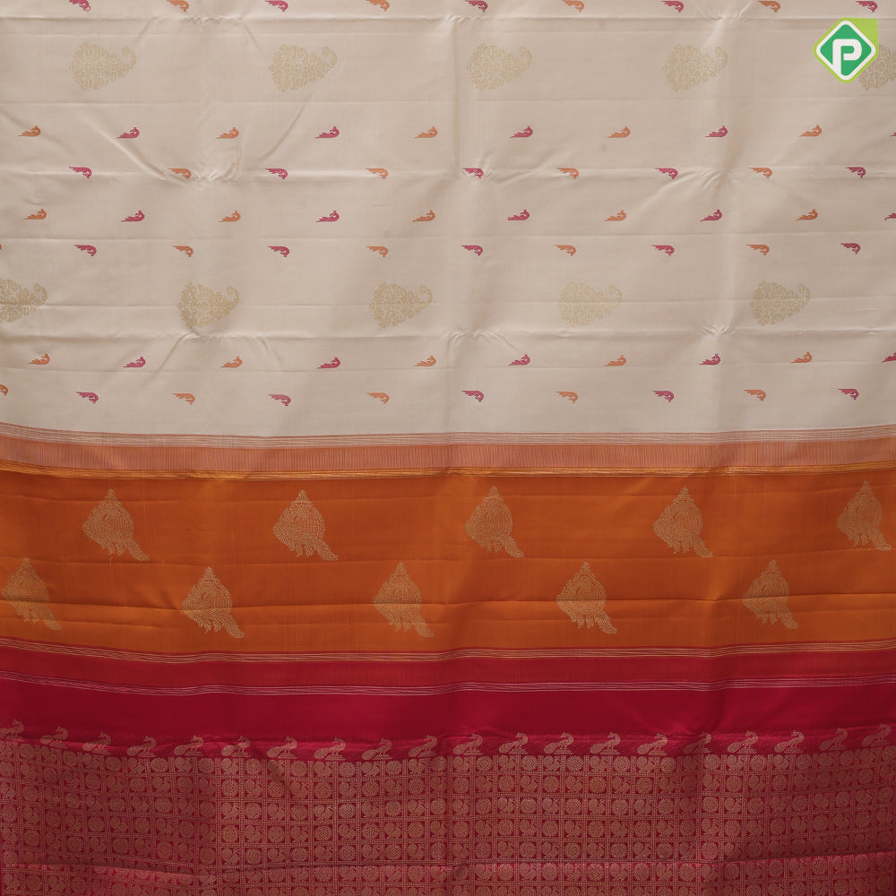 Cream White Gold Zari Manga Motif Thread Paithanic Motif Design Border Less Fancy Silk Saree