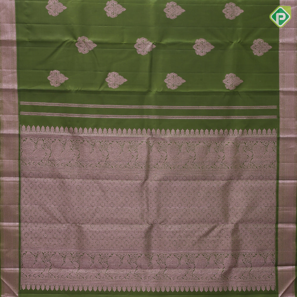 Army green copper zari fancy thilagam butta design self copper edge border traditional silk saree