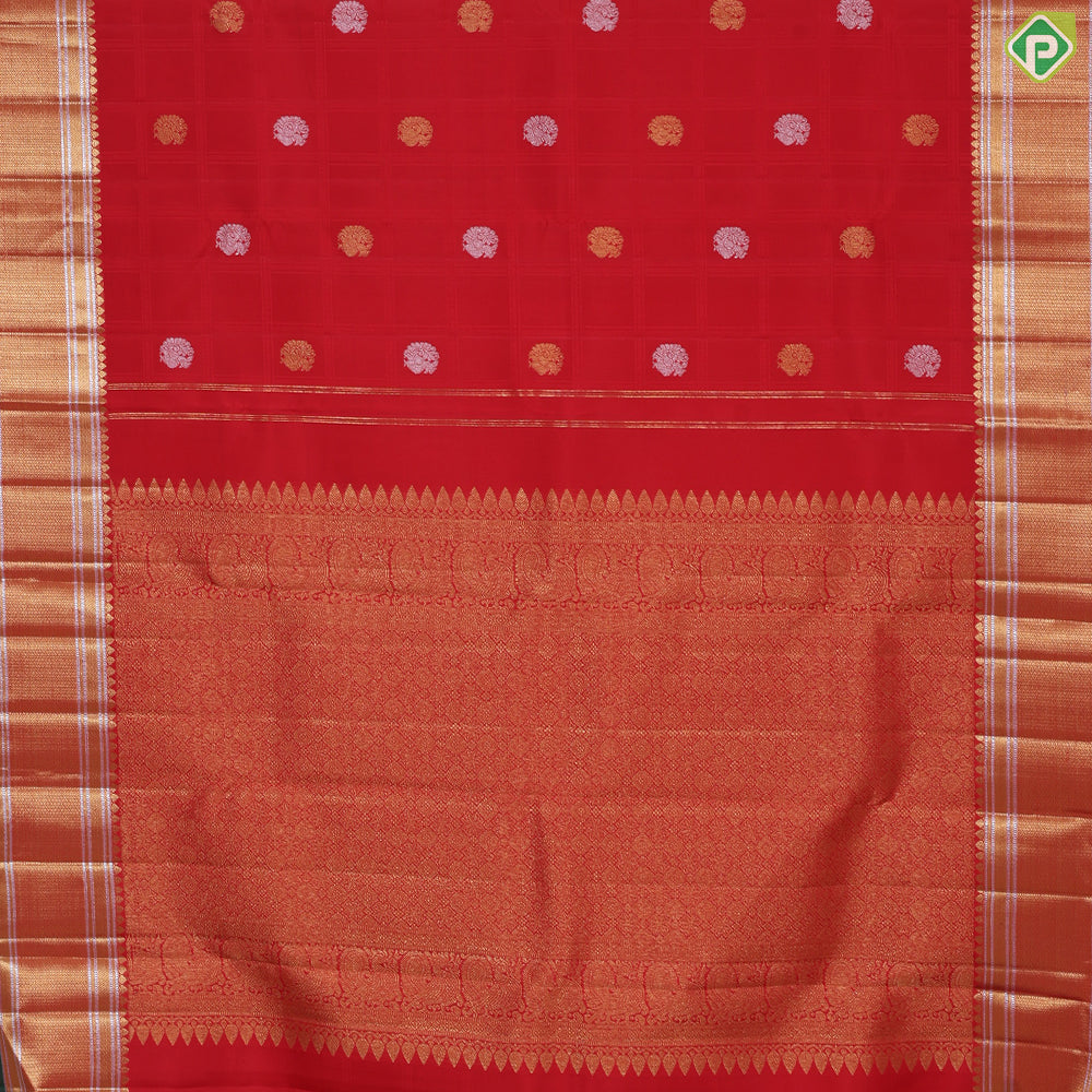 Chilly Red Gold Zari Peacock Butta Self Colour Edge Green Border Traditional Silk Saree