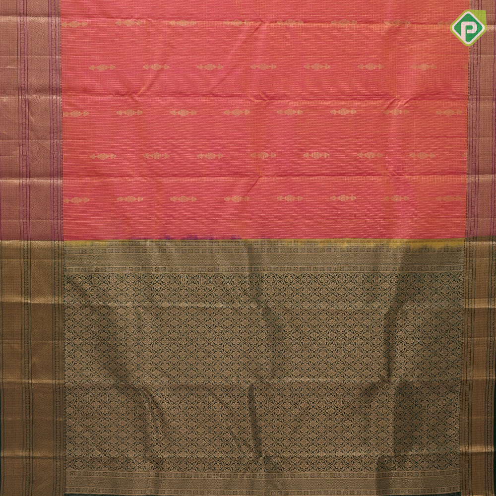 Orangish Yellow Gold Zari Vairaoosi Checks Jumki Design Purple Mayilkan Border Design Traditional Silk Saree