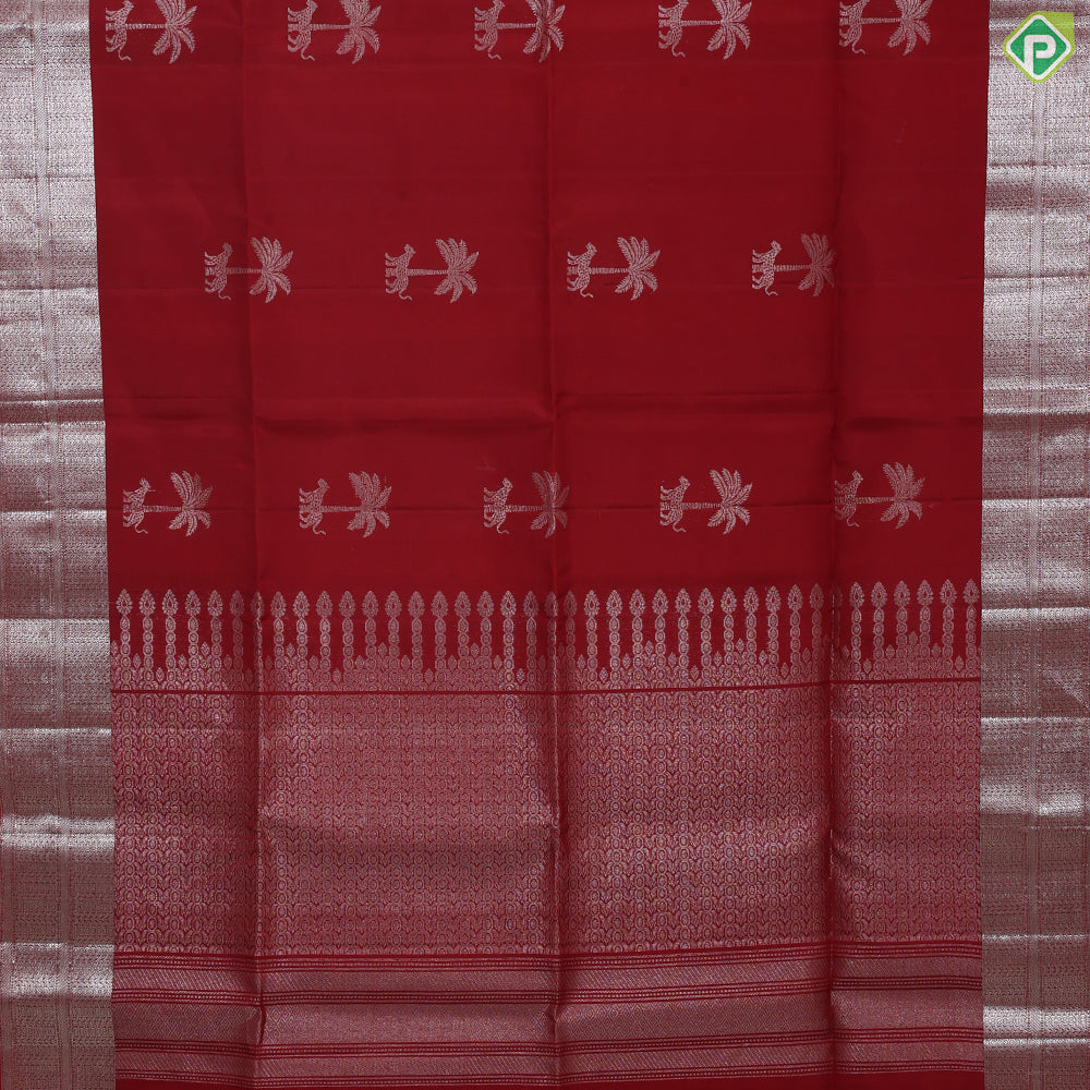 Rani Red silver gold zari leopard under tree butta design self silver gold zari fancy border soft silk saree