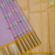 Pewter pink silver zari multi color thread flower butta yellow silver zari fancy border kora linen silk saree