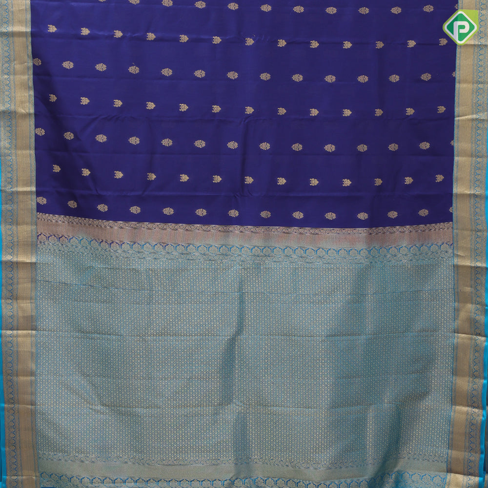 Royal Blue Gold Zari Flower Butta Design Rexsona Green Ruthracham Flower Border Design Pure Mix Silk Saree