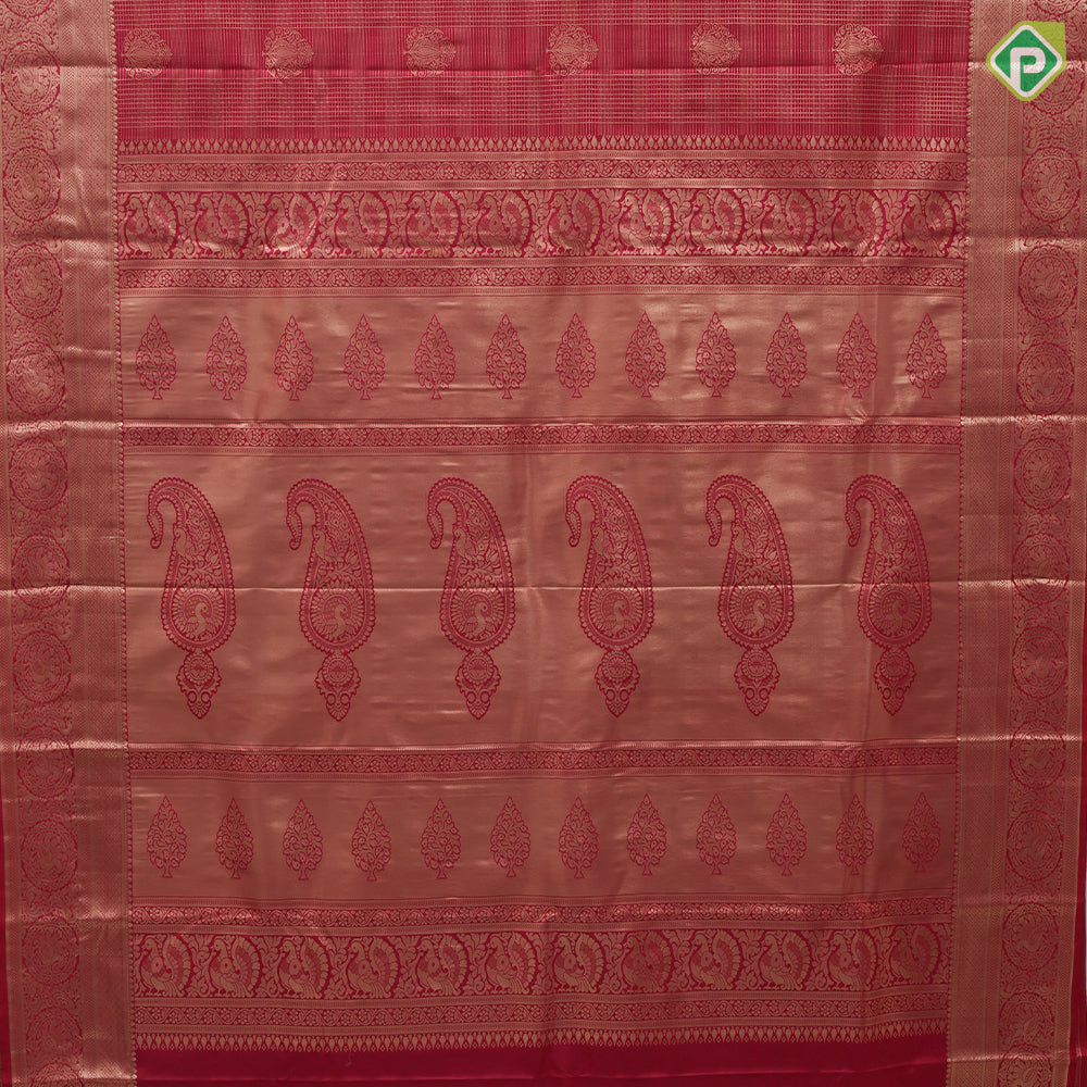 Cherry red gold zari micro checks and butta self gold zari peacock butta border Art silk saree