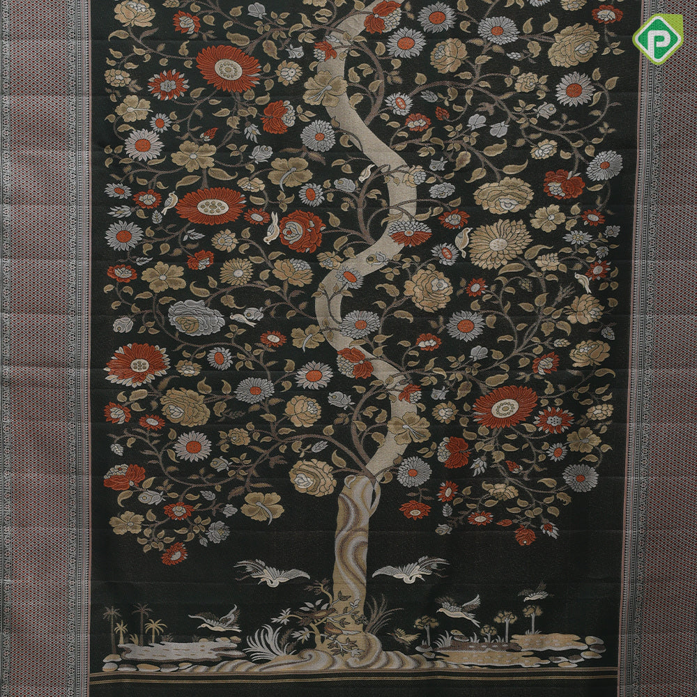 Dark emerald green molten golden zari birds grand tree florals diamond pattern borders landscape inspired signature silk saree