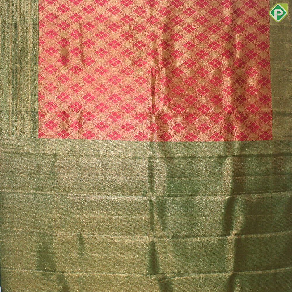 Tomato Red Gold Zari With Green Color Border Traditional Silk Saree