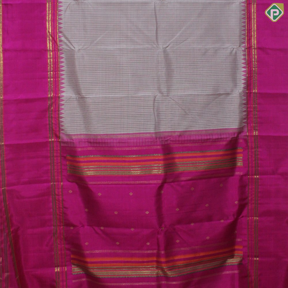 Creamy Peach With Grape Brown Small Checks Contrast Border Traditional Silk Saree