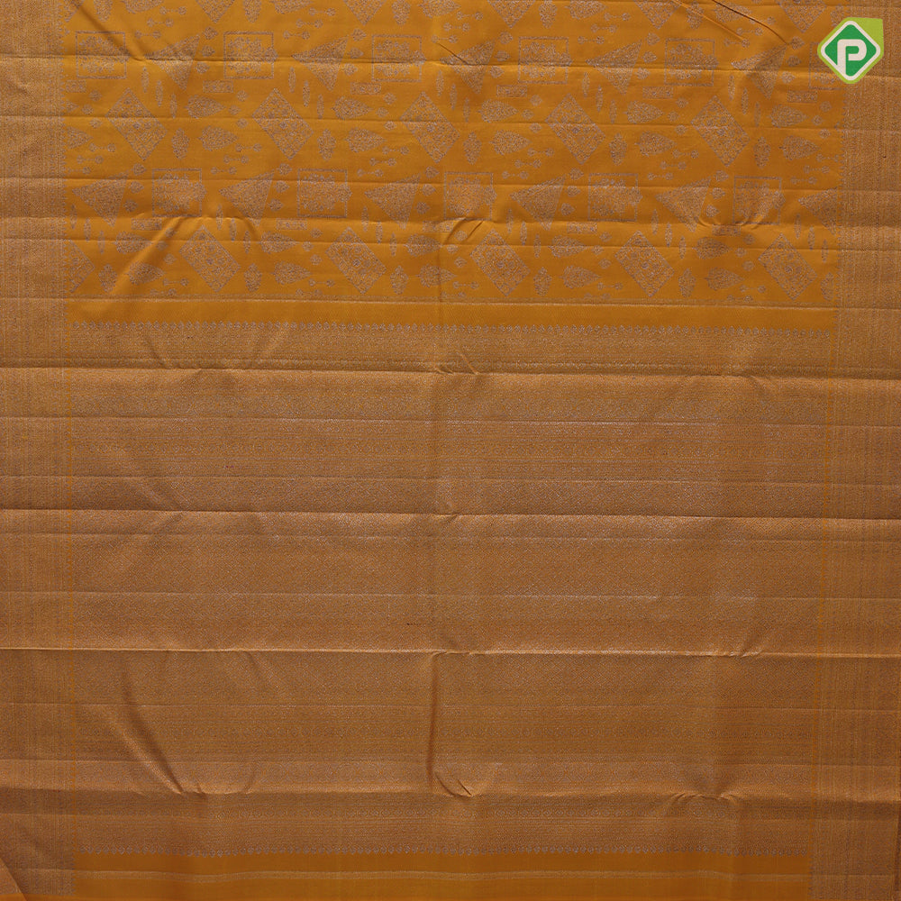 Dark orange neem zari multi shapes design self color multi design lines border self weaved silk saree