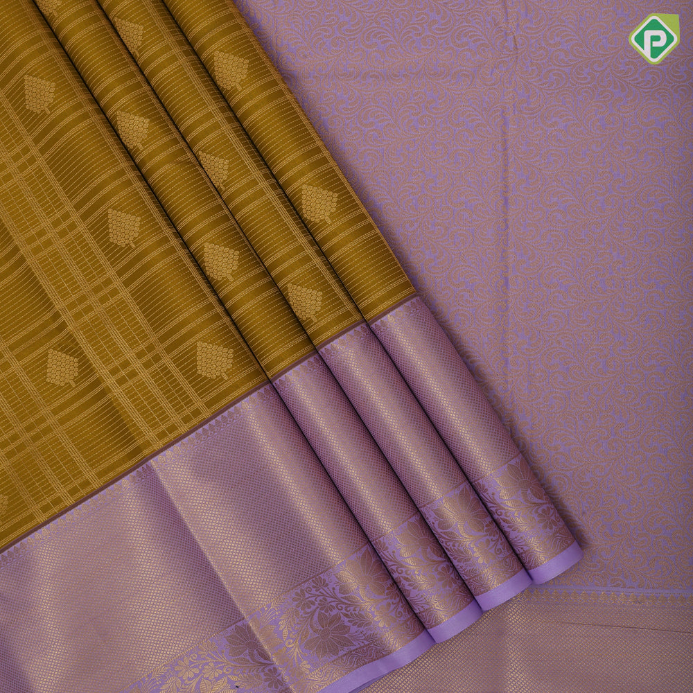 Lemon green gold zari checked honey comp design Lavender gold zari diamond design border art silk saree