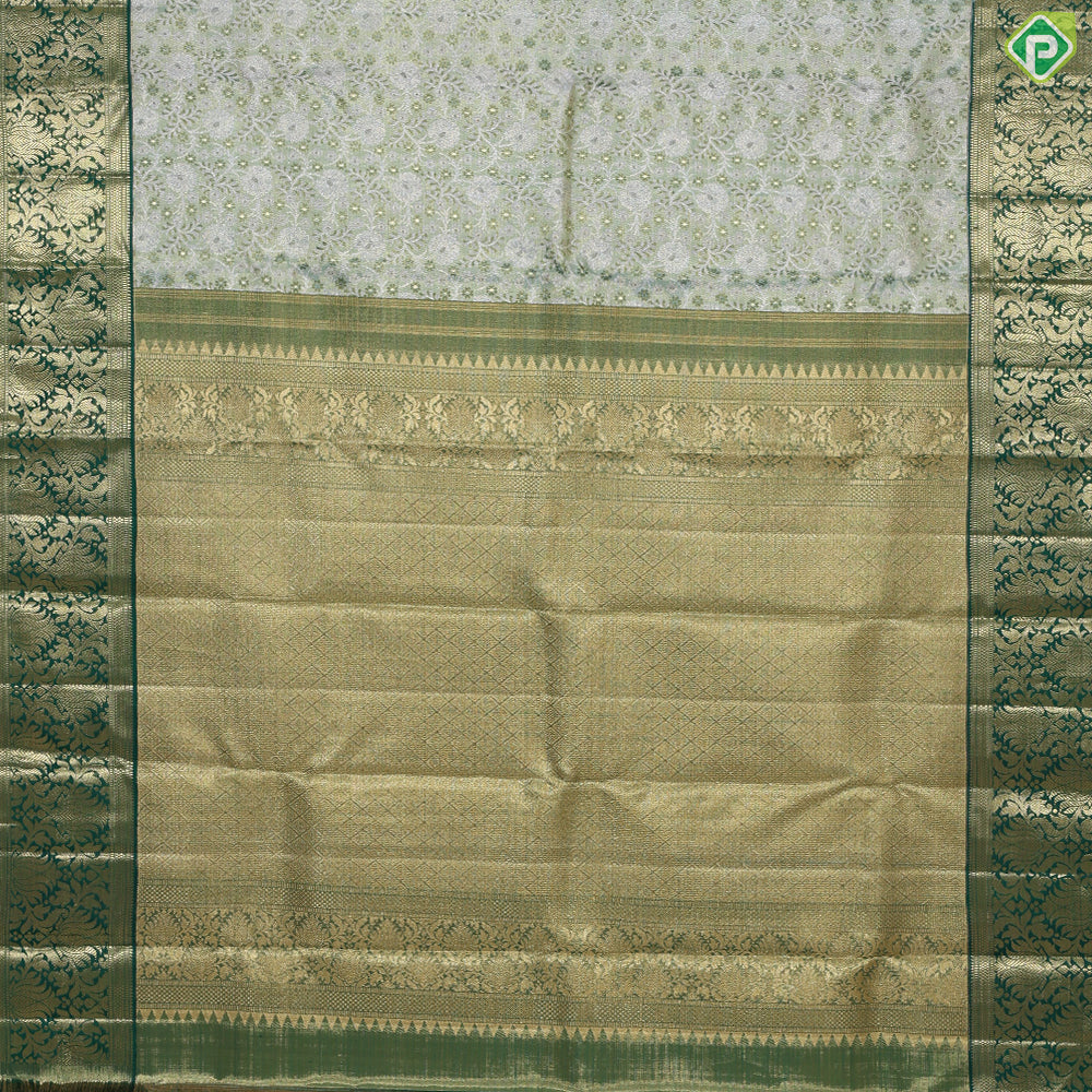 green base with silver and gold zari grand hand woven gold zari lotus design border exclusive bridal silk saree