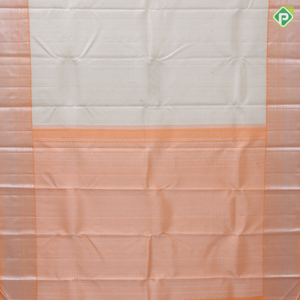 White silver zari small rangoli lines peach orange silver zari multi design border exclusive bridal silk saree