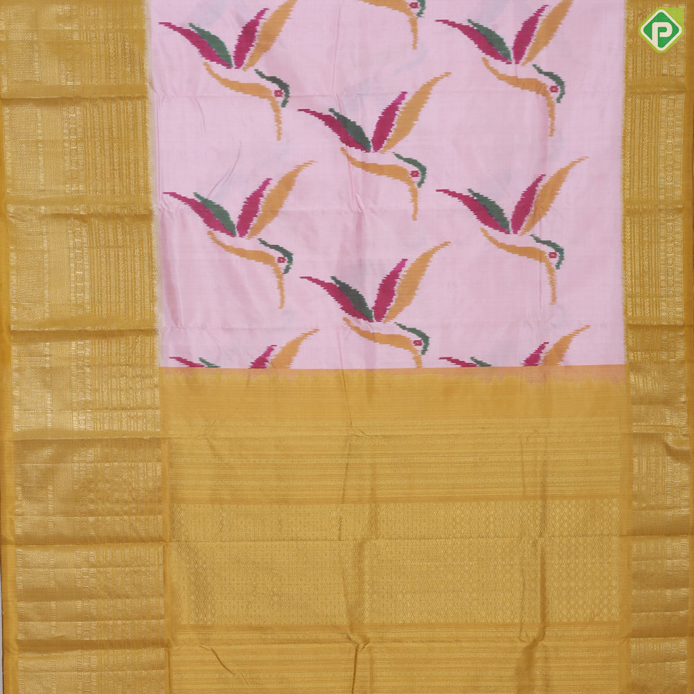 Cream white multicolor flying twitter ikkat design Mustard yellow gold zari multi lines border ikkat silk saree