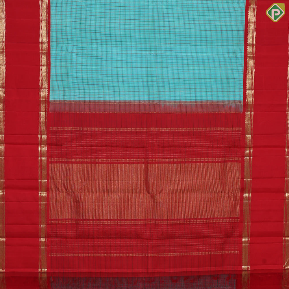 Tea Green with Multi color checkered contrast red rettapet border traditional silk saree