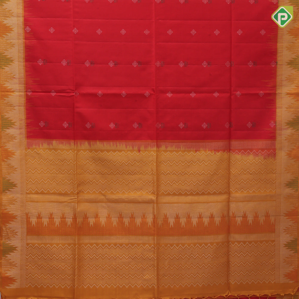 Tomato red silver zari silk thread fancy butta mustard yellow silver zari temple border soft silk saree