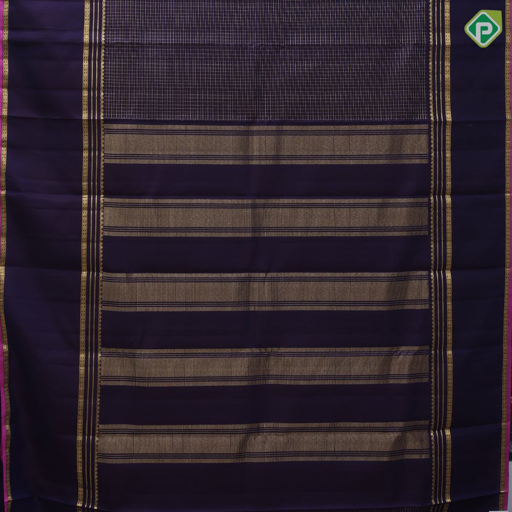 Purple blue gold zari kattam design self plain rettapet border traditional silk saree