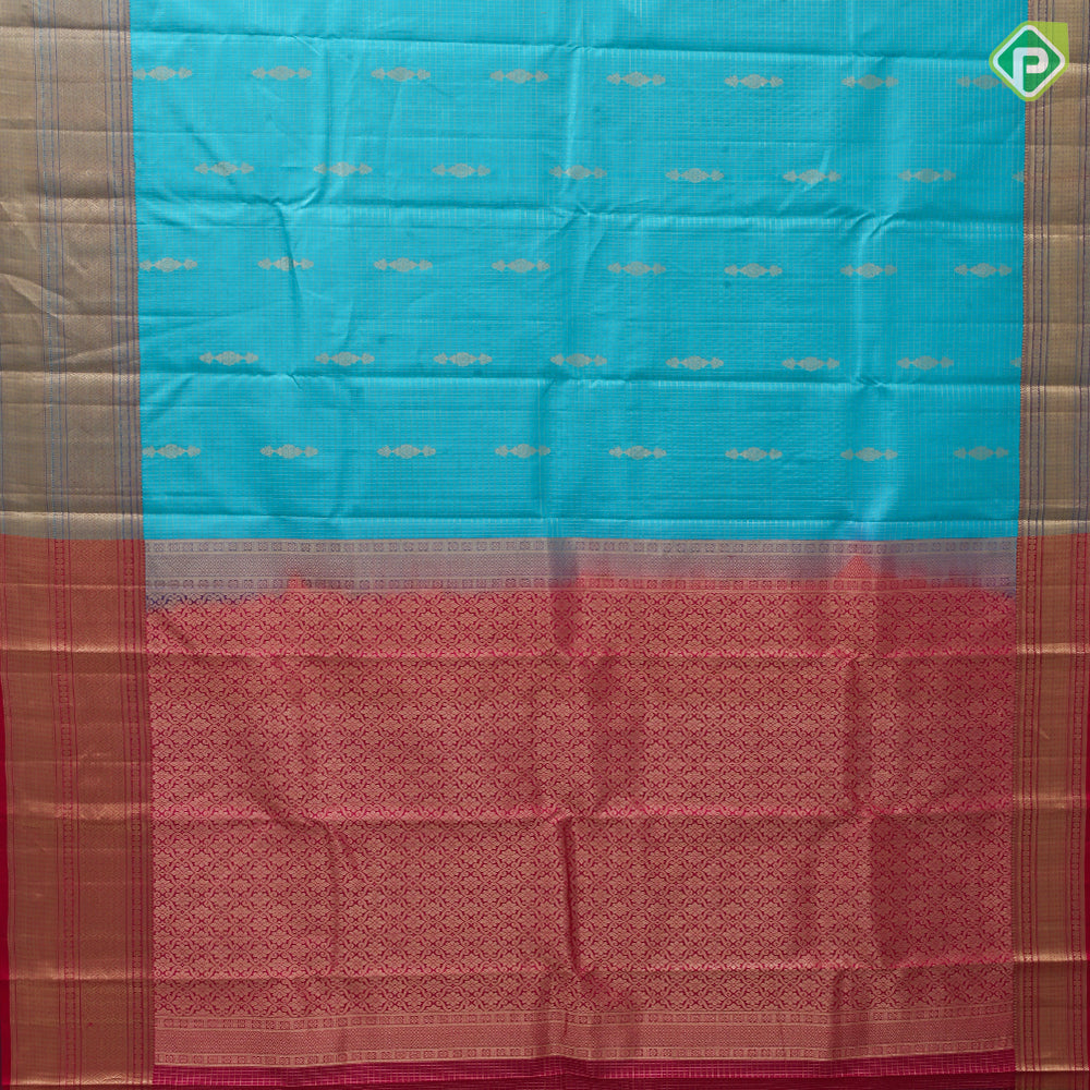 rama blue gold zari vairaoosi and fancy butta design rani pink gold zari border traditional silk saree