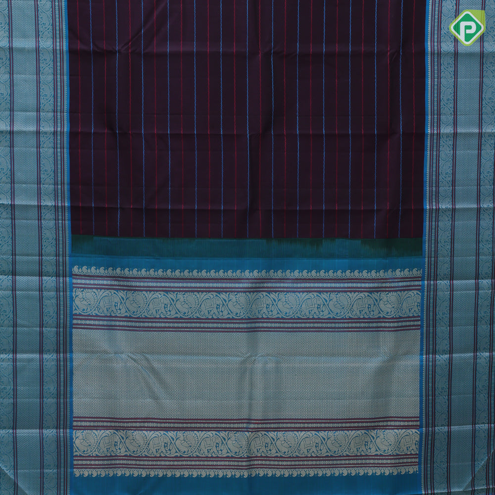 Dark Brown Zero Zari Veldhari Design Rama Green Peacock Elephant Border Design Traditional Silk Saree