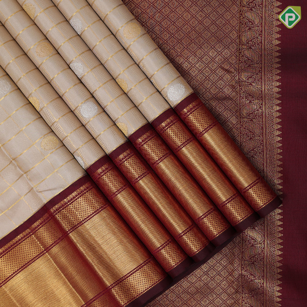 creamy beige gold zari kattam silver zari butta design beetroot maroon gold zari mayilkan border vintage traditional silk saree