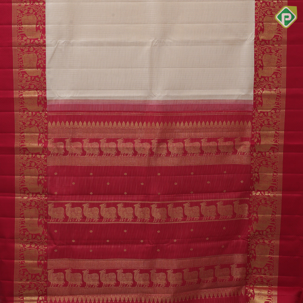 cream white gold zari vairaoosi checks design rani red gold zari kamadenu butta pichwai border traditional silk saree
