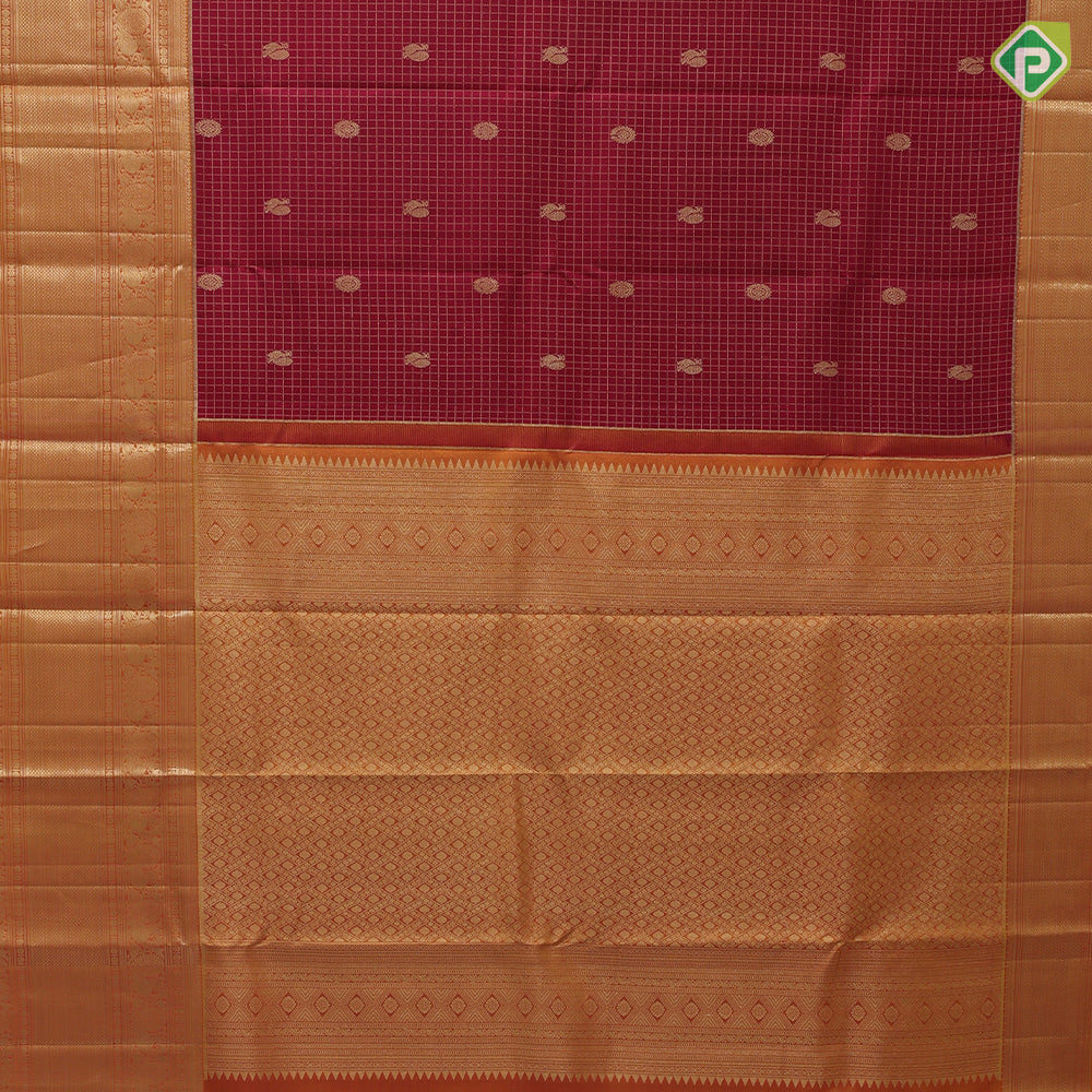 Marron Gold Zari Vairaoosi Checks Peacock Chagaram Design Mustard Yellow Peacock Ruthracham Flower MayilKan Border Design Traditional Silk Saree